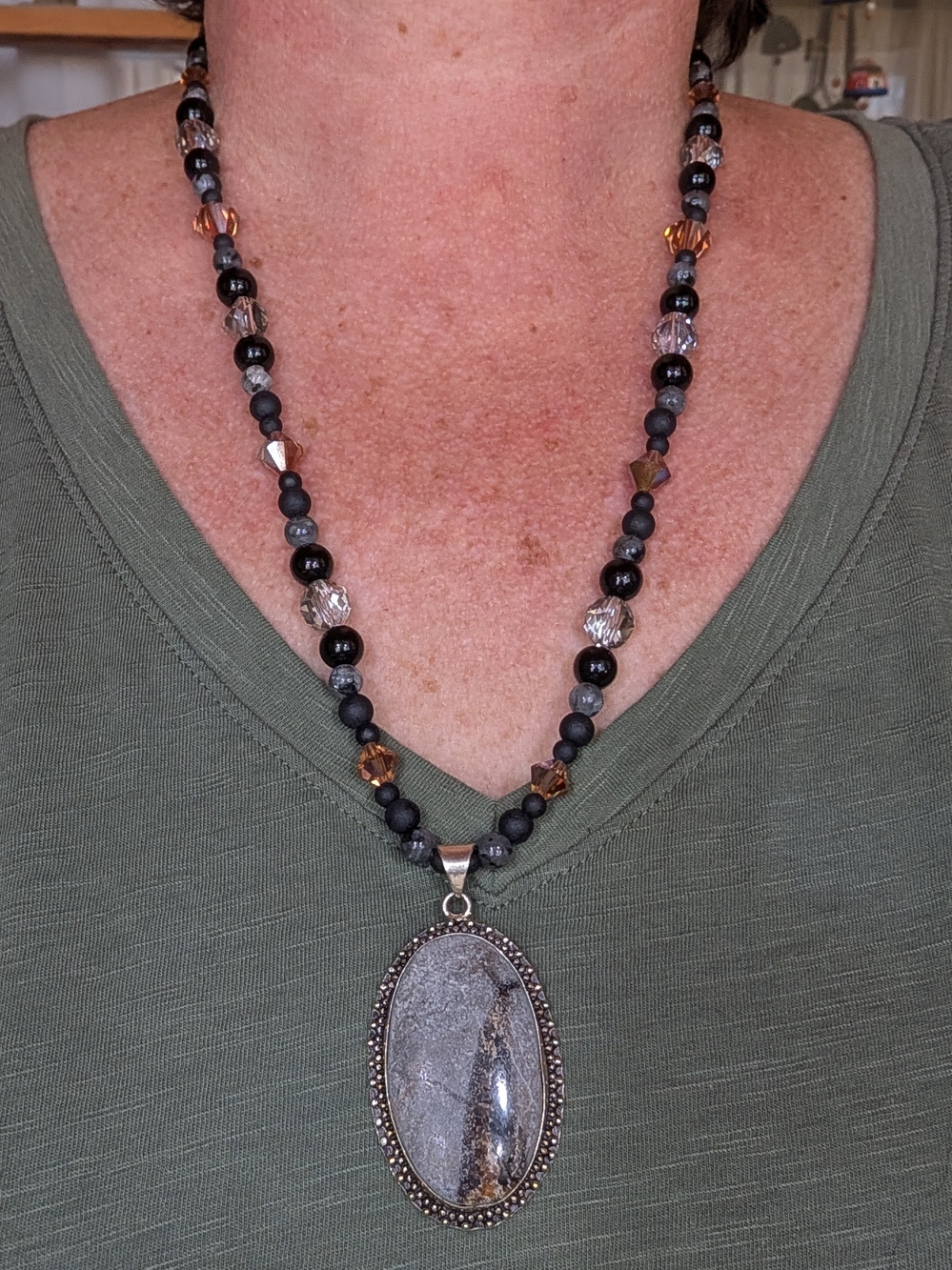 Handmade Black and Brown Beaded Necklace with Oval Pendant